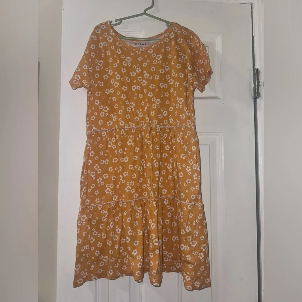 Old Navy Girls Floral Tiered Midi Dress Mustard Yellow Size L 10/12